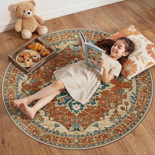 RELEANY Area Rugs Round 4ft Washable Non-Slip, Floral Vintage Distress Print Pattern Medallion Carpet for Living Room Bedroom Dining Room, Red Orange Blue Brown