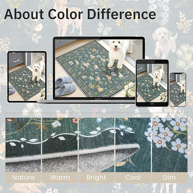 Soalmost Dog 9x12 Area Rugs for Living Room, Machine Washable Animal Floral Vintage Rug Non-Slip Low Pile Soft Throw Large Rugs for Classroom Bedroom Dining Room Nursery Playroom (9 x 12,Navy Blue)
