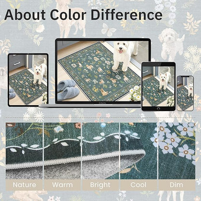 Soalmost Dog 5x7 Area Rugs for Living Room, Machine Washable Animal Floral Vintage Rug Non-Slip Low Pile Soft Throw Rugs for Kitchen Dining Room Bedroom Nursery Playroom (5 x 7,Navy Blue)