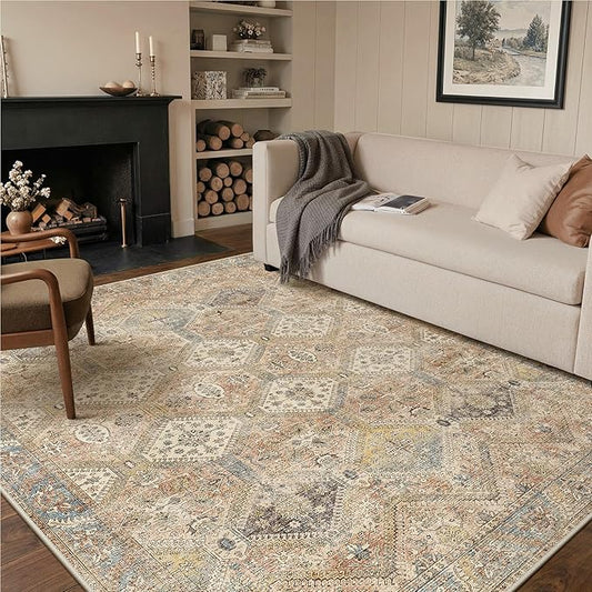 GENIMO 5x7 Area Rugs for Living Room, Machine Washable Non Slip Vintage Rugs, Low Pile Lightweight Print Rug for Bedroom, Dining Room, Home Office, Warm Brown