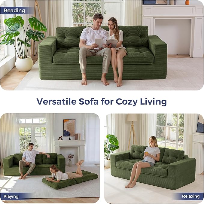 MAXYOYO 79" Loveseat Sofa Couch for Small Spaces, Upholstered Boneless Cloud Couch for Apartment Bedroom, 3-Seater Love Seat Floor Modern Sofa with Pillows, No Assembly Required, Dark Green