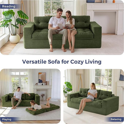 MAXYOYO 79" Loveseat Sofa Couch for Small Spaces, Upholstered Boneless Cloud Couch for Apartment Bedroom, 3-Seater Love Seat Floor Modern Sofa with Pillows, No Assembly Required, Dark Green