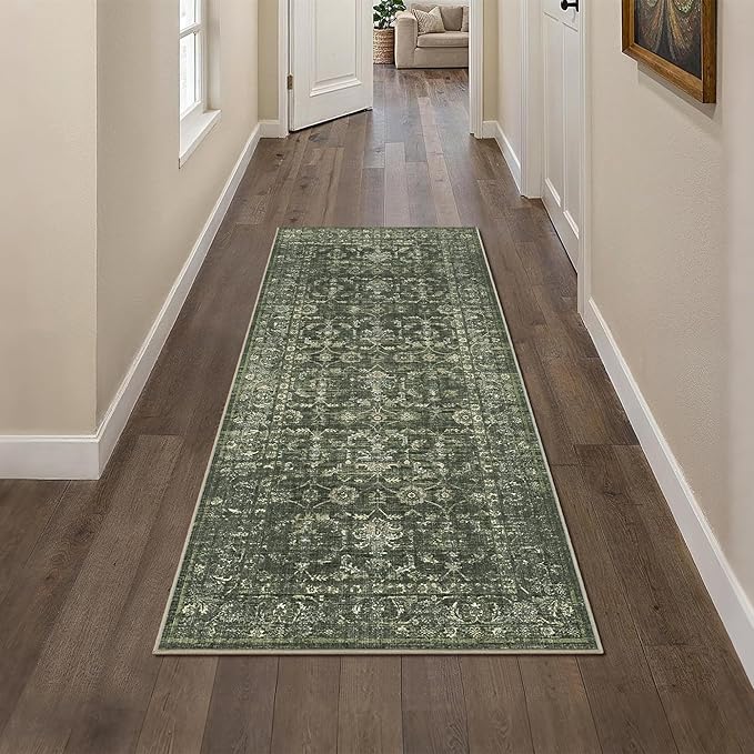 2x5 Green Runner Rug Hallway Washable Area Rugs Kitchen Vintage Boho Non Slip Long Rug Floral Carpet Indoor Retro Soft Low Pile Throw Rug for Bedroom Bathroom Laundry Dining Living Room Office