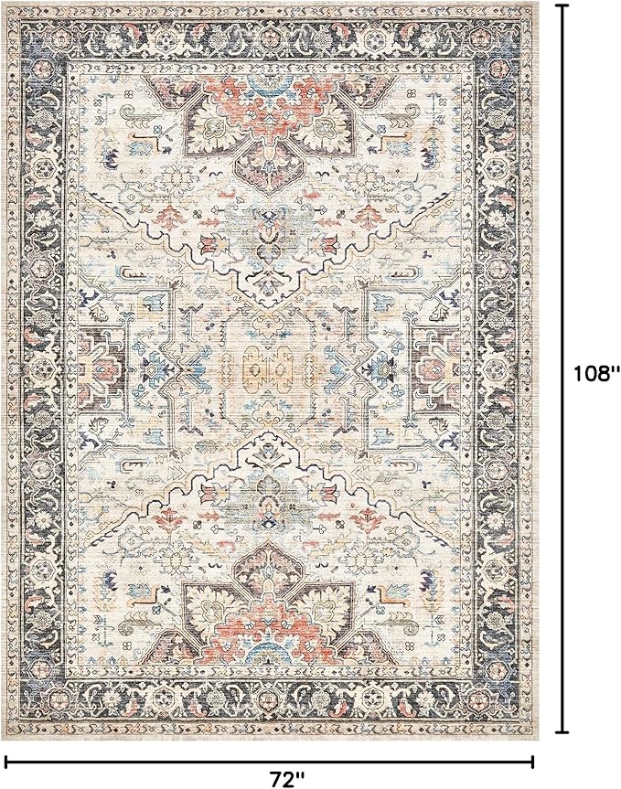 Area Rug for Living Room - 6x9 Soft Machine Washable Oriental Vintage Floral Distressed Large Indoor Floor Carpet for Bedroom Under Dining Table Home Office Decor - Multi