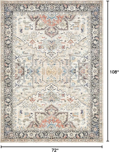 Area Rug for Living Room - 6x9 Soft Machine Washable Oriental Vintage Floral Distressed Large Indoor Floor Carpet for Bedroom Under Dining Table Home Office Decor - Multi