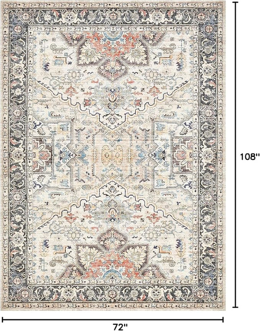 Area Rug for Living Room - 6x9 Soft Machine Washable Oriental Vintage Floral Distressed Large Indoor Floor Carpet for Bedroom Under Dining Table Home Office Decor - Multi