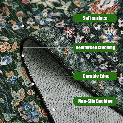 Runner Rugs 2x10 Boho Small Washable Area Rugs for Entryway Bathroom Kitchen, Long Rugs for Hallway Soft Low Pile Non-Slip Rubber Backing Oriental Dark Green