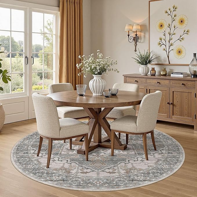 6ft Round Rug for Living Room: 6x6 Washable Vintage Gray Brown Area Rug, Large Non Slip Soft Stain Resistant Indoor Floor Carpet for Bedroom Dining Decor Home Office Kid & Pet Friendly