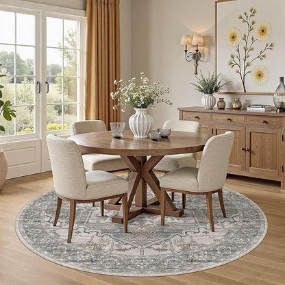 6ft Round Rug for Living Room: 6x6 Washable Vintage Gray Brown Area Rug, Large Non Slip Soft Stain Resistant Indoor Floor Carpet for Bedroom Dining Decor Home Office Kid & Pet Friendly