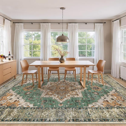 Area Rug 9x12 Vintage Rug: Large Washable Indoor Medallion Rugs Low Pile Distressed Floor Carpet Retro Accent Rug for Living Room Bedroom Kitchen Dining Table Home Office(Brown Green, 9'x12')