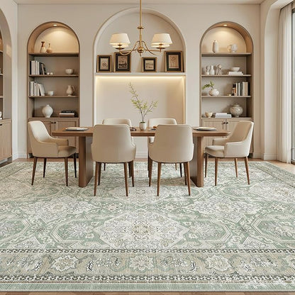 Soalmost 10x14 Area Rugs for Living Room, Non Slip Machine Washable Vintage Rugs, Low Pile Lightweight Large Rug for Bedroom, Dining Room, Home Office Green/Brown