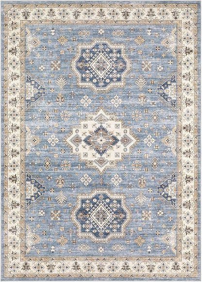 EIEIHOUSE Washable Area Rugs for Living Room -9x12 Neutral Vintage Distressed Floral Farmhouse Boho Large Soft Floor Rug Indoor Non Slip Carpet for Living Room Bedroom Dining Room Office - Blue