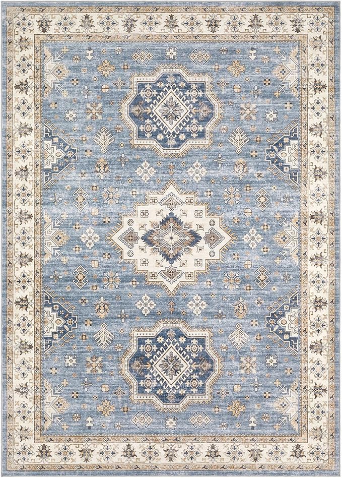 EIEIHOUSE Washable Area Rugs for Living Room - 6x9 Neutral Vintage Distressed Floral Farmhouse Boho Large Soft Floor Rug Indoor Non Slip Carpet for Living Room Bedroom Dining Room Office - Blue
