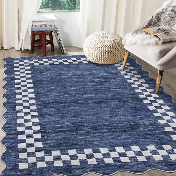 Small Bedroom Area Rug 3x5 Checkered Area Rug for Living Room Nursery Non Slip Kitchen Throw Carpet Low Pile Modern Bordered Rugs Washable Bathroom Mat Soft Brown Rugs for Laundry Entryway, Blue