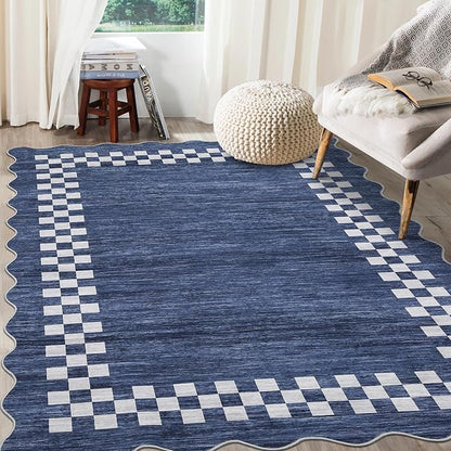 Small Bedroom Area Rug 3x5 Checkered Area Rug for Living Room Nursery Non Slip Kitchen Throw Carpet Low Pile Modern Bordered Rugs Washable Bathroom Mat Soft Brown Rugs for Laundry Entryway, Blue