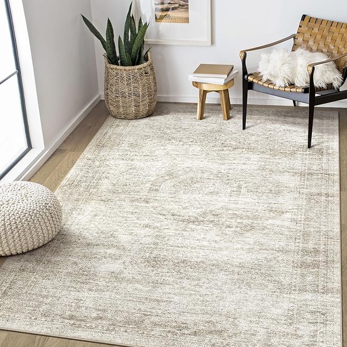EIEIHOUSE Washable Area Rugs for Living Room -6x9 Neutral Vintage Distressed Floral Farmhouse Boho Large Soft Floor Rug Indoor Non Slip Carpet for Living Room Bedroom Dining Room Office-Beige