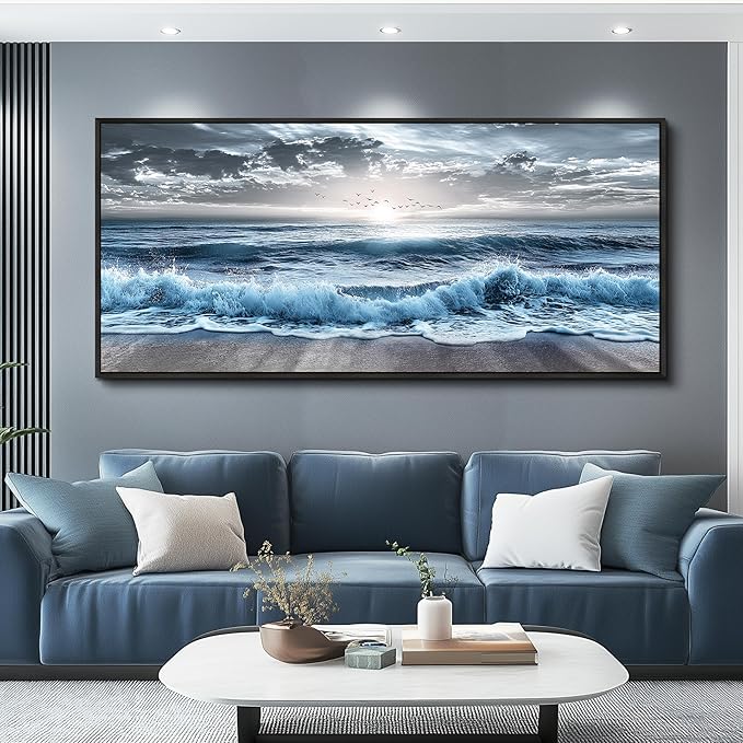 ERQINHUA Sunrise Ocean Seascape Wall Pictures Large Canvas Wall Decor For Bedroom Wall Art For Living Room Office Decor Blue Beach Sea Wave Paintings Artwork Modern Home Decor Black Framed 32x72 In