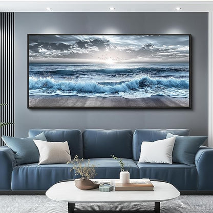 ERQINHUA Sunrise Ocean Seascape Wall Pictures Large Canvas Wall Decor For Bedroom Wall Art For Living Room Office Decor Blue Beach Sea Wave Paintings Artwork Modern Home Decor Black Framed 32x72 In