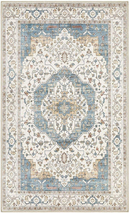 3x5 Washable Entryway Rug: Non-Slip Soft Vintage Floral Indoor Area Rug for Living Room Large Kitchen Entryway Bedroom Bedside, Door Mat Throw Carpet for Laundry Foyer Home Decor (Blue)