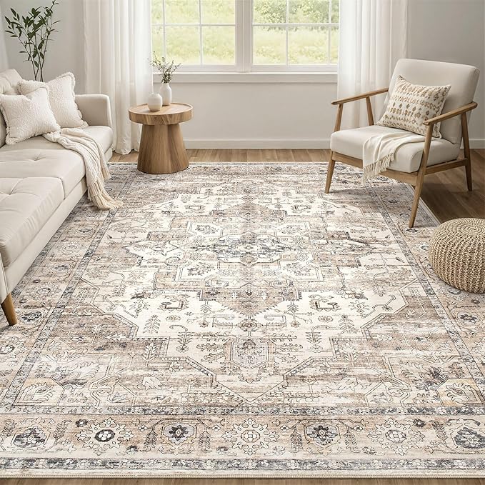 Area Rug 5x8 Washable Vintage - Soft Traditional Rugs for Living Room Large Non Slip Backing with Low Pile Farmhouse Oriental Retro Carpet for Bedroom Dining Room or Home Office - Tea Brown