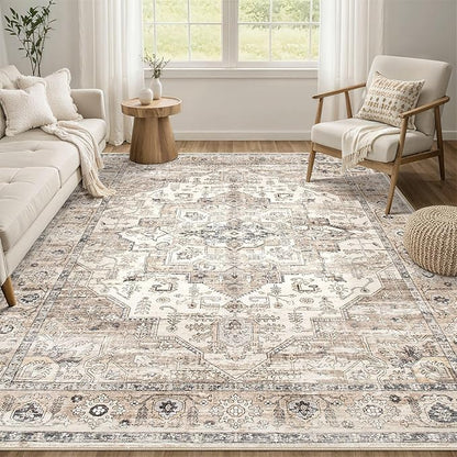Area Rug 5x8 Washable Vintage - Soft Traditional Rugs for Living Room Large Non Slip Backing with Low Pile Farmhouse Oriental Retro Carpet for Bedroom Dining Room or Home Office - Tea Brown