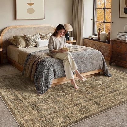 5x7 Brown Washable Area Rugs for Living Room Non Slip Low Pile Vintage Boho Throw Rug Soft Retro Distressed Floral Carpet Indoor Farmhouse Decor for Bedroom Dining Room Office Kitchen Playroom