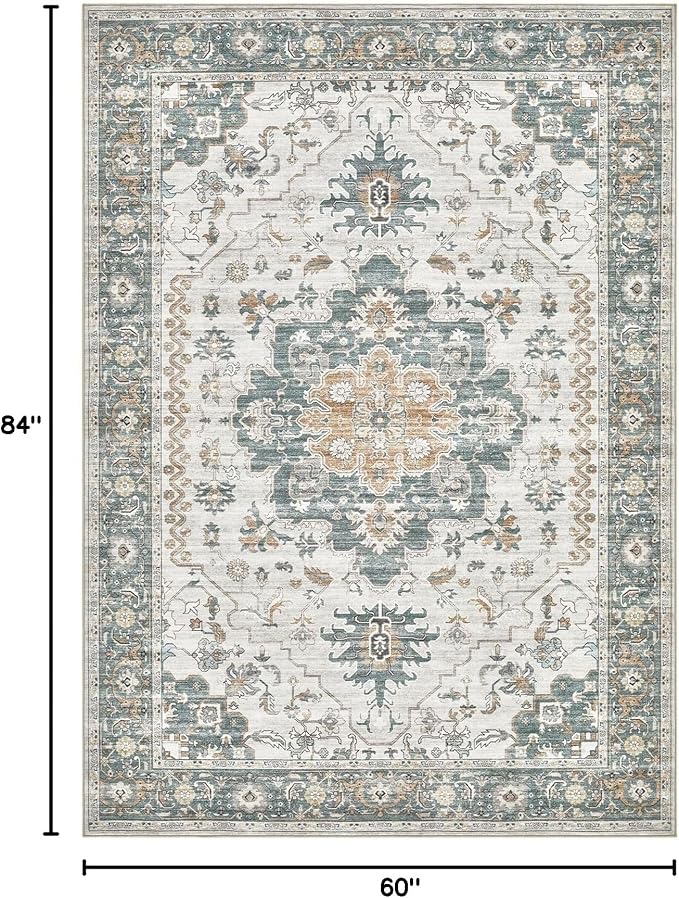 EIEIHOUSE Washable Area Rugs for Living Room -7x10 Neutral Vintage Distressed Floral Farmhouse Boho Large Soft Floor Rug Indoor Non Slip Carpet for Living Room Bedroom Dining Room Office-Green/Grey