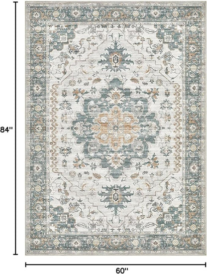 EIEIHOUSE Washable Area Rugs for Living Room -7x10 Neutral Vintage Distressed Floral Farmhouse Boho Large Soft Floor Rug Indoor Non Slip Carpet for Living Room Bedroom Dining Room Office-Green/Grey