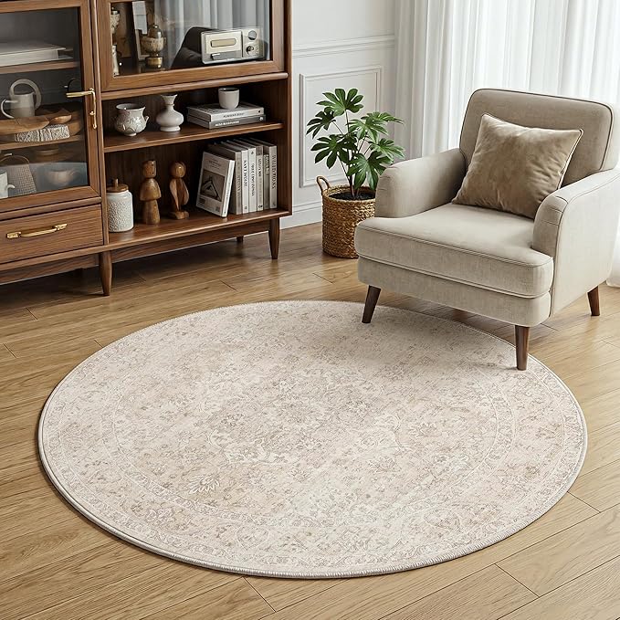 FMFUNCTEX 4ft Round Washable Area Rug Beige Vintage Neutral Oriental Distressed Small Non Slip Carpet for Living Room Bedroom Soft Low Pile Indoor Mat Retro Cream Rug for Dining Room Kitchen Office