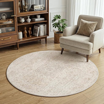 FMFUNCTEX 4ft Round Washable Area Rug Beige Vintage Neutral Oriental Distressed Small Non Slip Carpet for Living Room Bedroom Soft Low Pile Indoor Mat Retro Cream Rug for Dining Room Kitchen Office