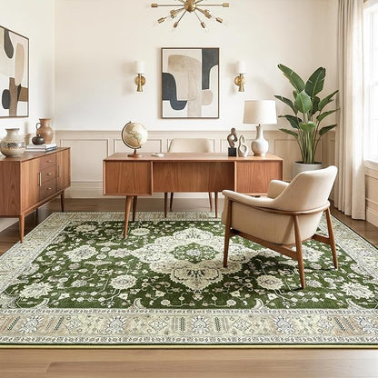 Maxsoft Large Area Rugs for Living Room Bedroom, 8x10 Green Washable Rug with Rubber Backing, Non-Slip and Stain Resistant Soft Throw Indoor Carpet for Dining Room Office Kitchen Dorm Home Decor