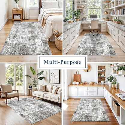 4x6 Entryway Rug – Non-Slip Low-Pile Small Area Rug for Kitchen Bedroom Living Room Office – Modern Abstract Neutral Throw Carpet with Rubber Backing (Grey)
