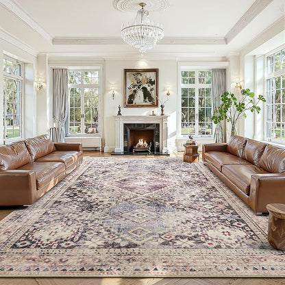 YOH Boho Washable Rug 9x12, Mauve Grey Vintage Non Slip Area Rug, Distressed Indoor Carpet for Living Room Bedroom Kitchen Office