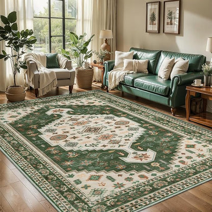 Tangsoo Vintage 4x6 Rug for Living Room,Machine Washable Indoor Area Rug Green Beige Non-Slip Mat,Soft Low Pile Carpet for Front Porch Dining Room Patio Bedroom Office