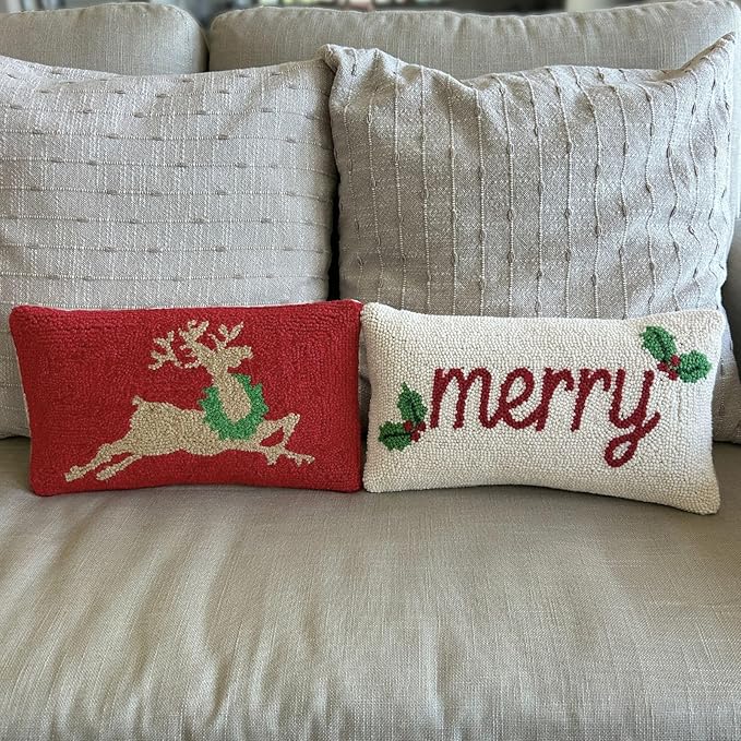 Hand Hooked Christmas Pillow - 9X16 inches Throw Pillow for Couch or Dorm (Reindeer)
