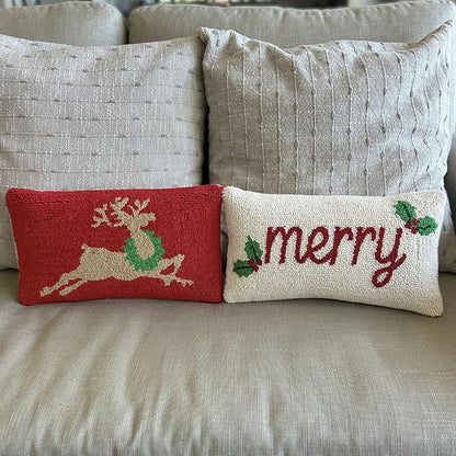 Hand Hooked Christmas Pillow - 9X16 inches Throw Pillow for Couch or Dorm (Reindeer)