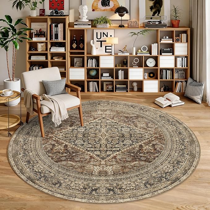 Large Round Rug 6ft: Vintage Round Area Rugs for Living Room Bedroom Office Study Room - Soft Non-Slip Circle Carpet 6' - Oriental Dark Brown