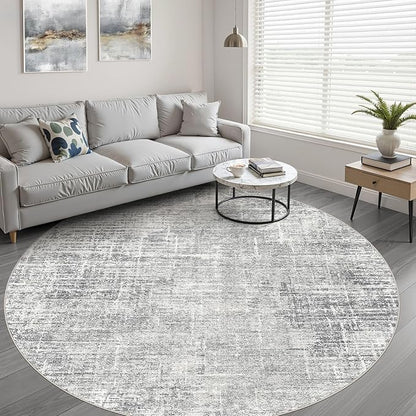 5ft Round Rug Living Room: 5x5 Washable Large Neutral Grey Circle Area Rug Abstract Soft Modern Stain Resistant Indoor Floor Non-Slip Carpet for Bedroom Nursery Kids Office Playroom Dining Room