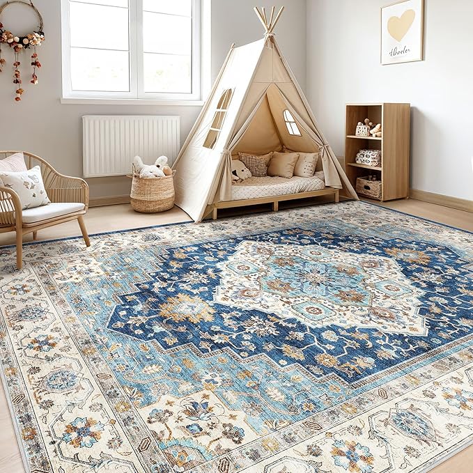 7x9 Area Rug Living Room: Washable Boho Large Neutral Vintage Soft Rugs Stain Resistant Farmhouse Non-Slip Indoor Floor Retro Carpet for Bedroom Nursery Kids Office Dining Room- Navy Beige