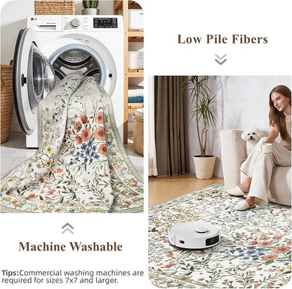 10x10 Square Area Rug Living Room: Boho Floral Washable Mat for Dining Room Bedroom Office High Traffic Area Soft Non Slip Low Pile Indoor Carpet for Vintage Farmhouse Home Decor (10ft Square, Beige)