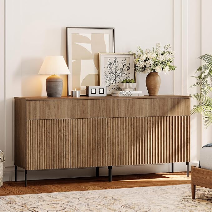 WAMPAT Fluted TV Stand TVs up to 70 inch, 63" W Modern TV Entertainment Center with Storage Cabinets and 2 Drawers & 4 Doors, Wood Media TV Console Table with Storage for Living Room, Light Walnut