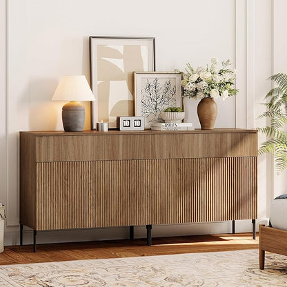 WAMPAT Fluted TV Stand TVs up to 70 inch, 63" W Modern TV Entertainment Center with Storage Cabinets and 2 Drawers & 4 Doors, Wood Media TV Console Table with Storage for Living Room, Light Walnut
