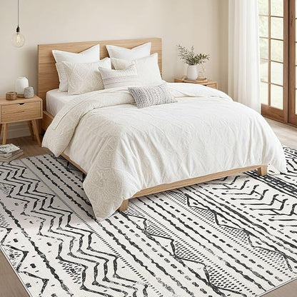 Nakagishi Black Rug for Living Room: 7x9 Washable Boho Large Neutral Soft Farmhouse Area Rugs Stain Resistant Modern Geometric Non-Slip Indoor Floor Carpet for Bedroom Playroom Office Dining Room