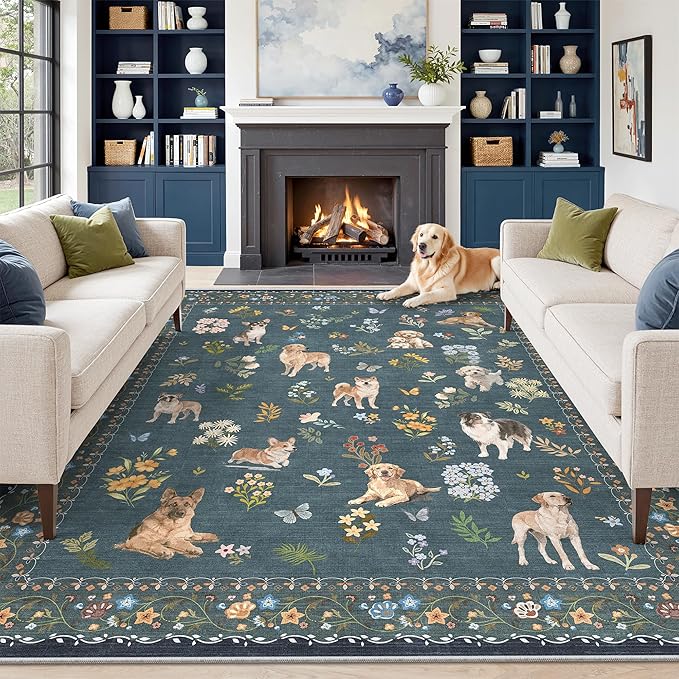 Soalmost Dog 9x12 Area Rugs for Living Room, Machine Washable Animal Floral Vintage Rug Non-Slip Low Pile Soft Throw Large Rugs for Classroom Bedroom Dining Room Nursery Playroom (9 x 12,Navy Blue)
