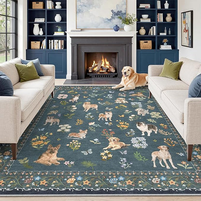 Soalmost Dog 9x12 Area Rugs for Living Room, Machine Washable Animal Floral Vintage Rug Non-Slip Low Pile Soft Throw Large Rugs for Classroom Bedroom Dining Room Nursery Playroom (9 x 12,Navy Blue)