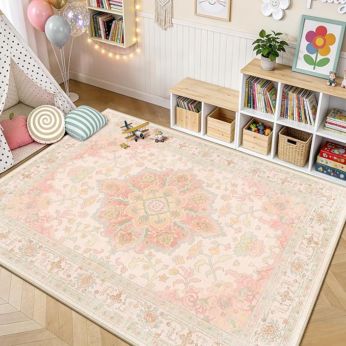 CAPALOCA Machine Washable Rugs Nursery Rug 3x5 Cute Girl Non Slip Low Pile Water Repellent Soft Print Pattern for Bedroom Indoor Decor Kids Playroom Pink Green