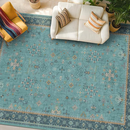 Large Boho 8x12 Teal Green Washable Living Room Rug - Vibrant Turquoise Rug for Bedroom Under Bed, Dining Room Under Table, Geometric Floral Low Pile & Soft Stain Resistant Carpet