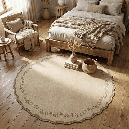 GarveeHome Round Area Rugs 5ft for Bedroom, Solid Jute Washable Circle Rug Soft Non Slip Floral Print Floor Mat Tan Carpet Indoor Thin Rug for Kids Room Dining Room Playroom Nursery