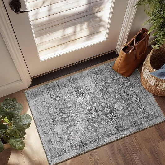 Washable 2x3 Entryway Rug, Boho Non-Slip Door Mat Vintage Distress Small Rugs for Kitchen Nursery Office Bedroom, 0.3" Neutral Oriental Throw Carpet with Cushioning Pad, Grey/Multi, C5