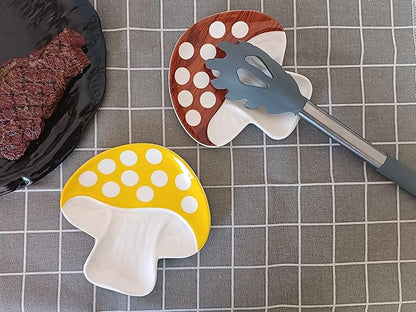 Ceramic Spoon Rest for Stove Top & Kitchen Counter Spoon Holder for Stove & Cooking Spoon Holder for Ladle Cute Spoon & Utensil Rest Tong Spatula Rest, Mushroom Kitchen Decor & Accessories (Yellow)